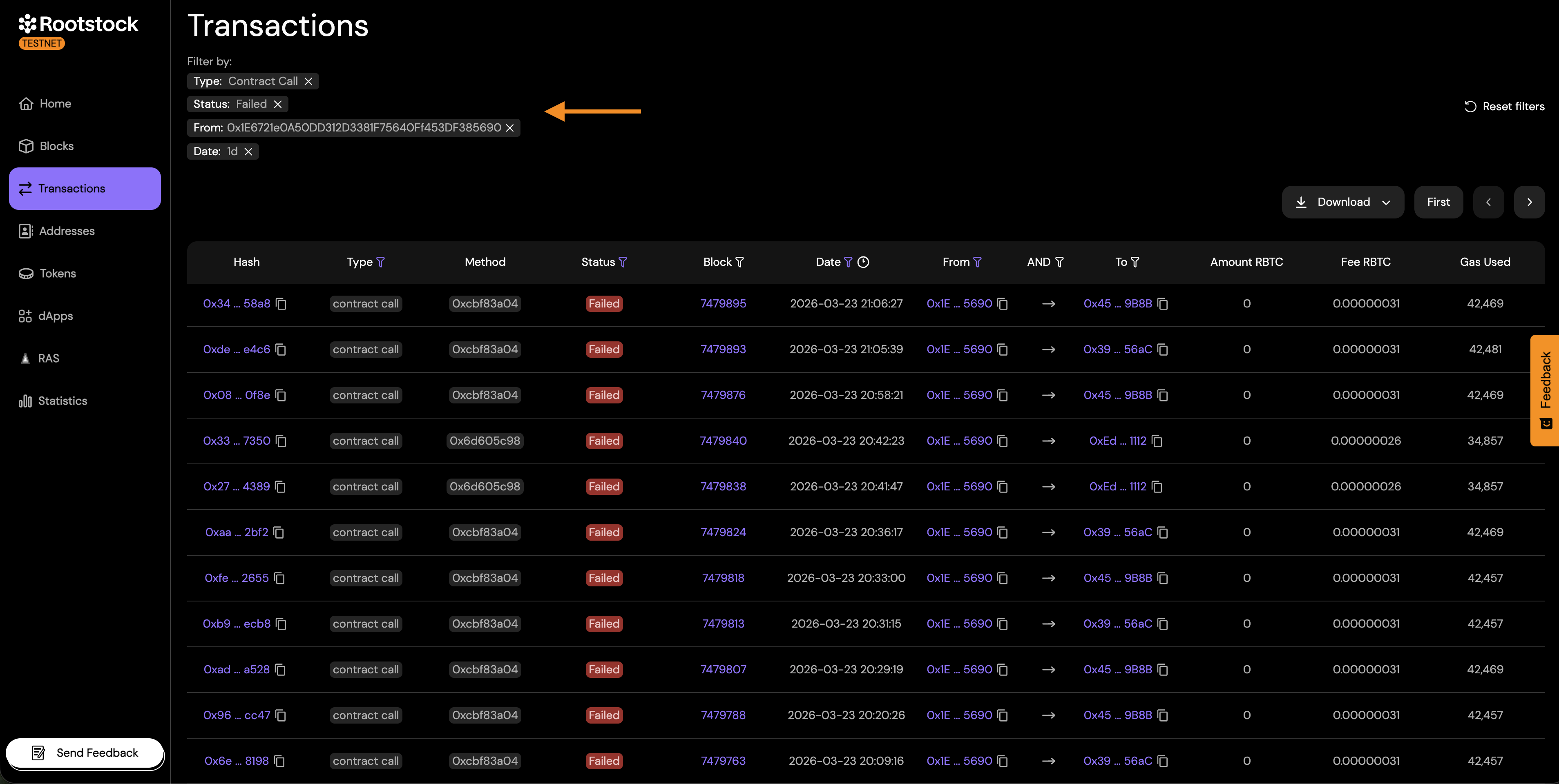 Advanced Transactions Filter: transaction type Contract call, status Failed, From address, and Date range